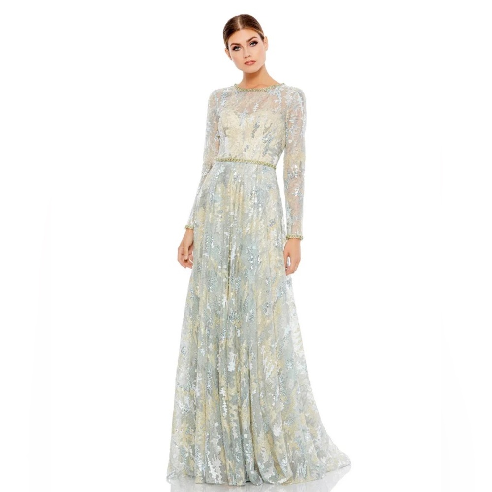 NWT MAC DUGGAL $798 FLORAL EMBROIDERED ILLUSION LONG SLEEVE GOWN 12460 SIZE 16